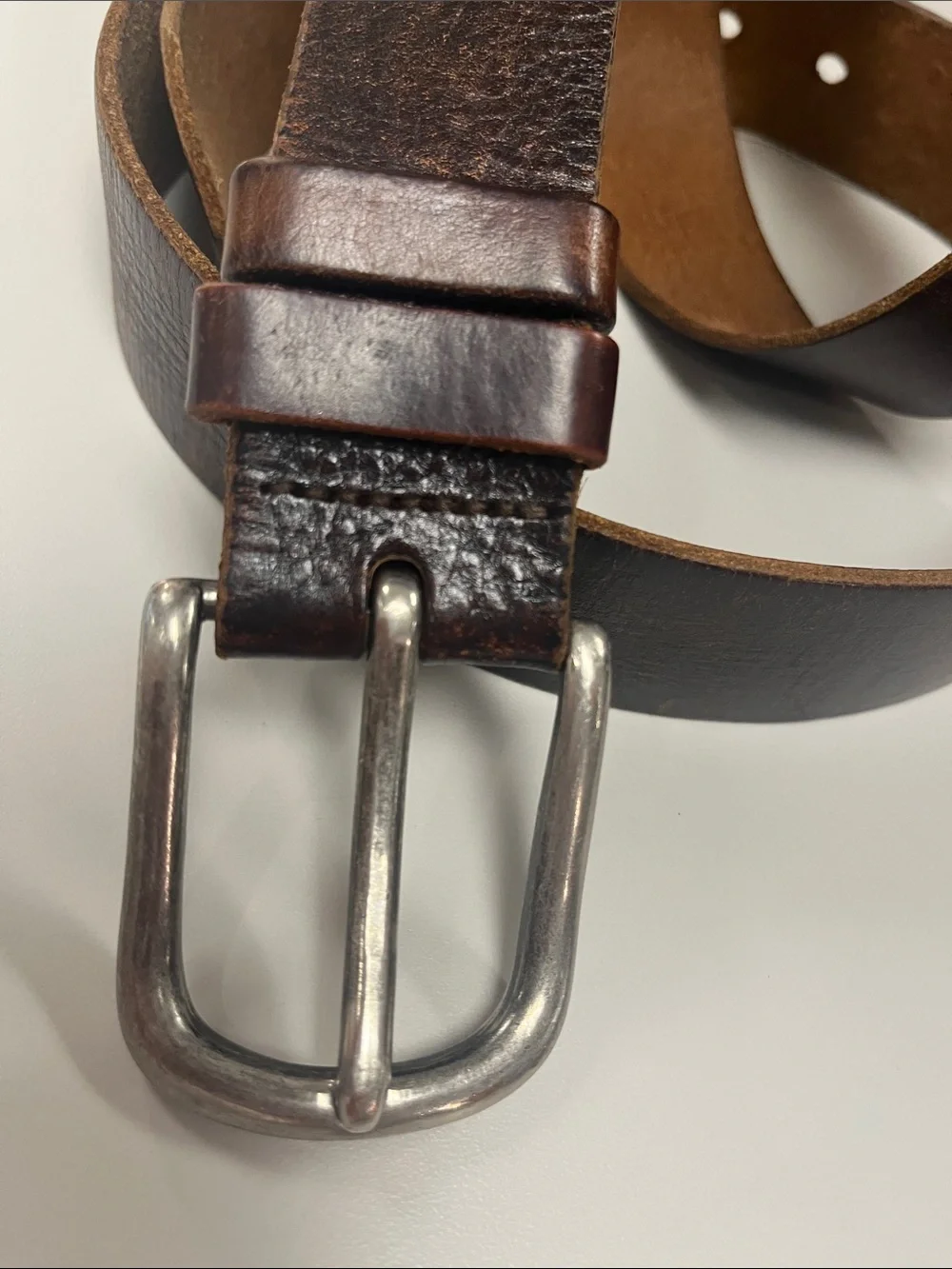 Source Unknown Distressed Brown Leather Belt with Silver Buckle